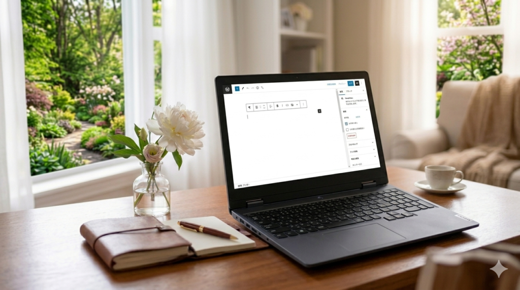明るい日差しが入る部屋でLenovo LOQ 15を開き、ブログを書く50代の作業風景