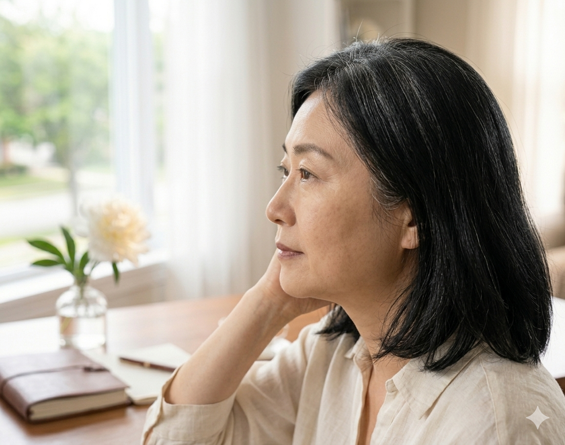 白髪に悩む50代の女性の写真
