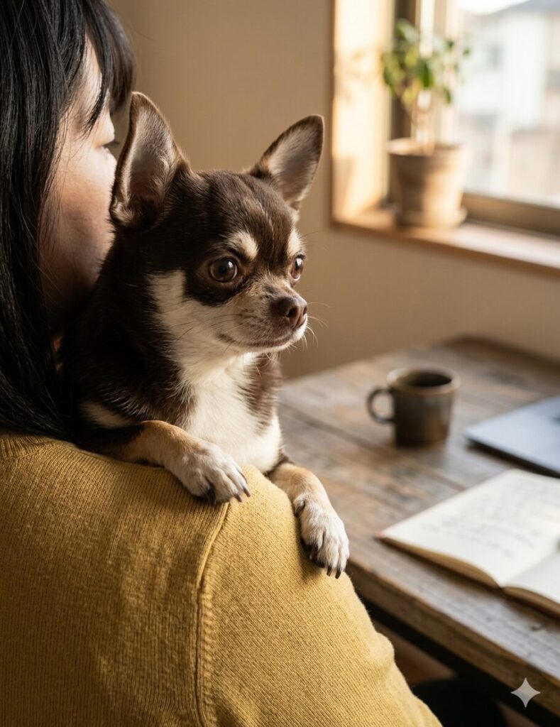 午後の柔らかな光が差し込むデスクで、パソコンの傍らに寄り添う愛犬。50代の納得できる時間のつくり方。