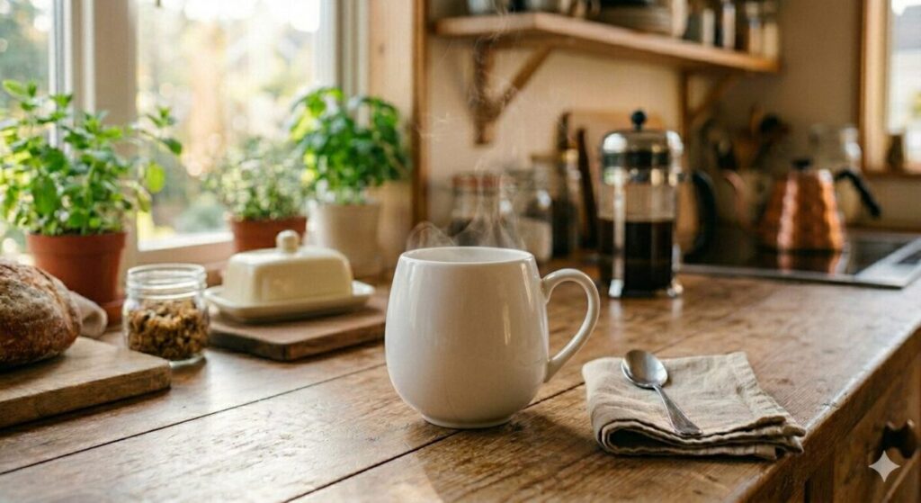 湯気が立ち上る白いマグカップ。50代の静かな朝のルーティンとブログ執筆の風景。
