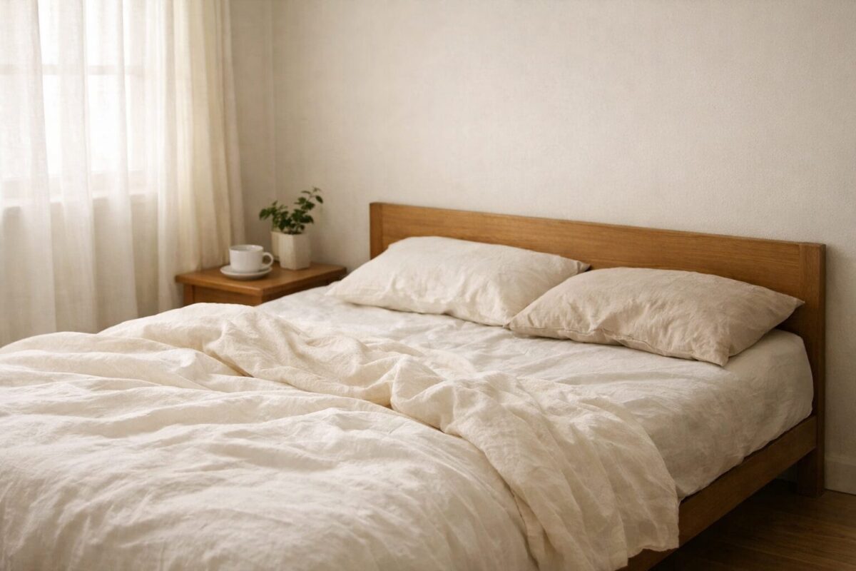 朝の光が差し込む部屋で、少し整えられたベッドが置かれている