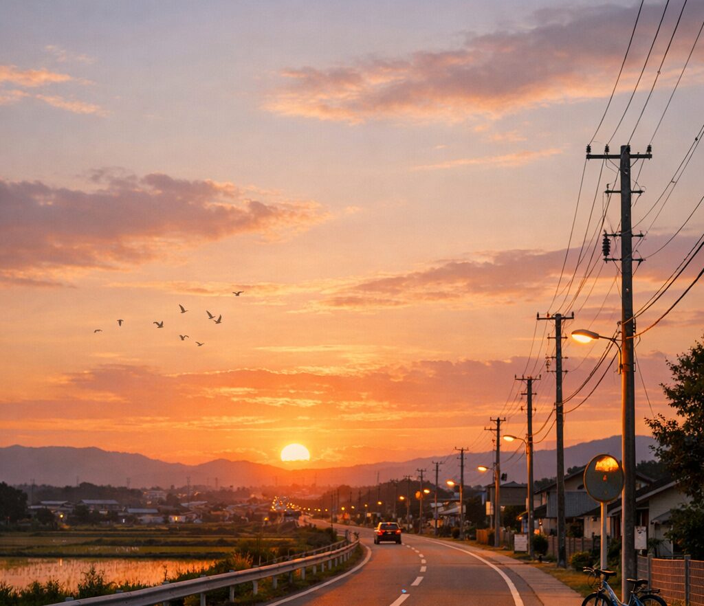 夕暮れの光に包まれた郊外の道