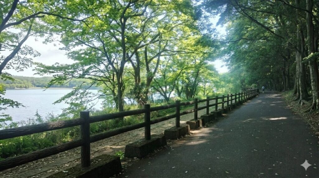 木漏れ日が差し込む緑豊かな遊歩道と木製の柵