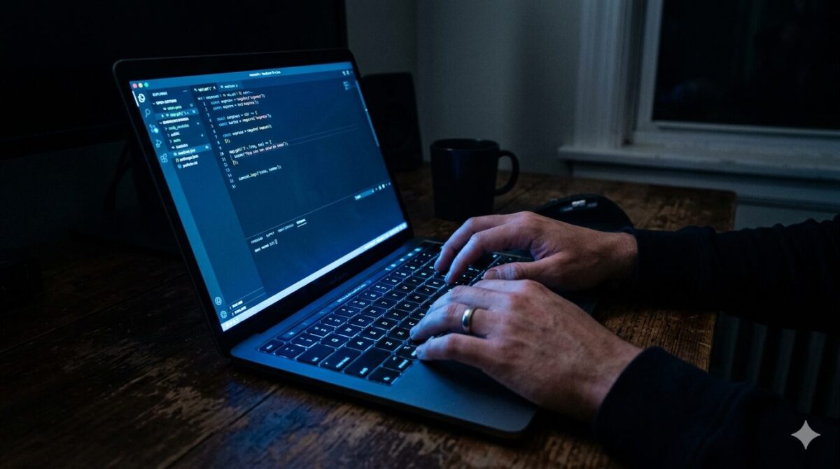 薄暗い部屋で、ノートパソコンの画面だけが明るく光っている、キーボードを叩く手元のクローズアップの写真