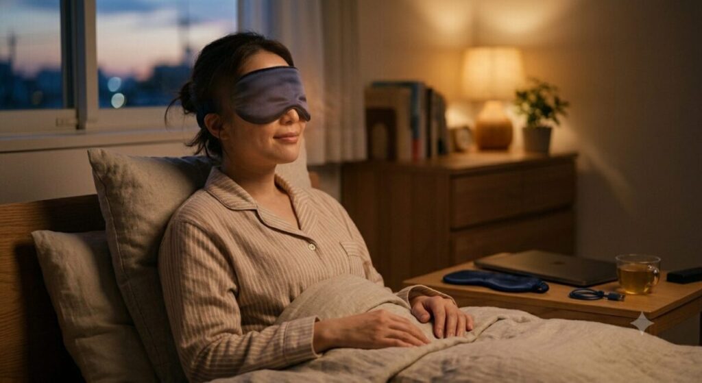 ベッドで充電式ホットアイマスクを使いながらくつろぐ女性。夜のリラックスタイムの様子。