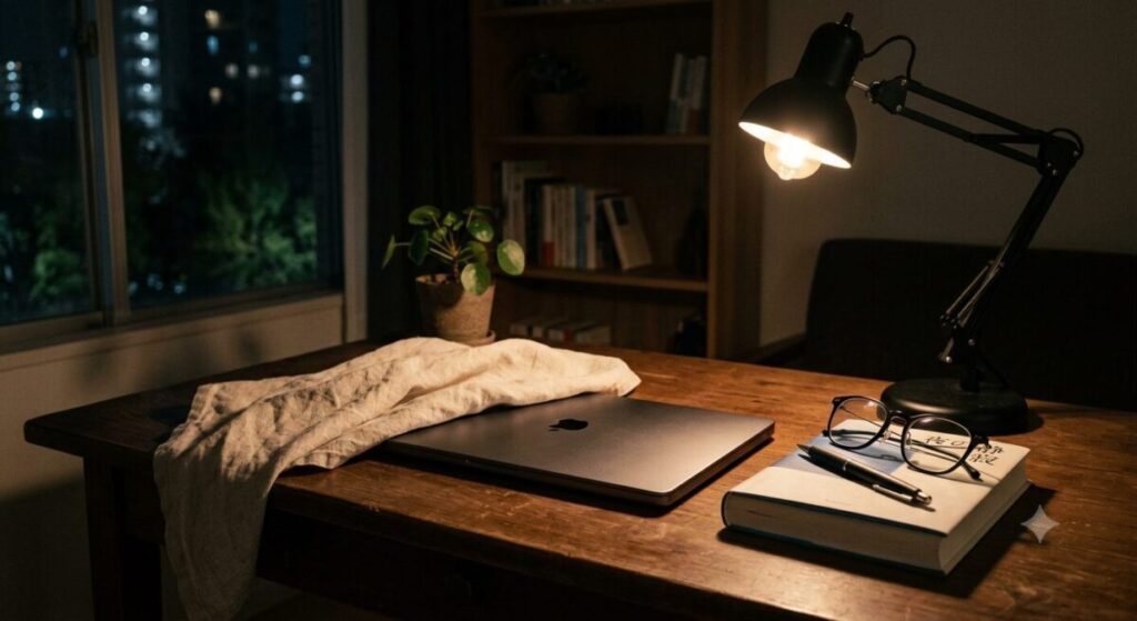 夜のデスクに閉じたノートパソコンと眼鏡、デスクライトの柔らかい光が灯る様子。