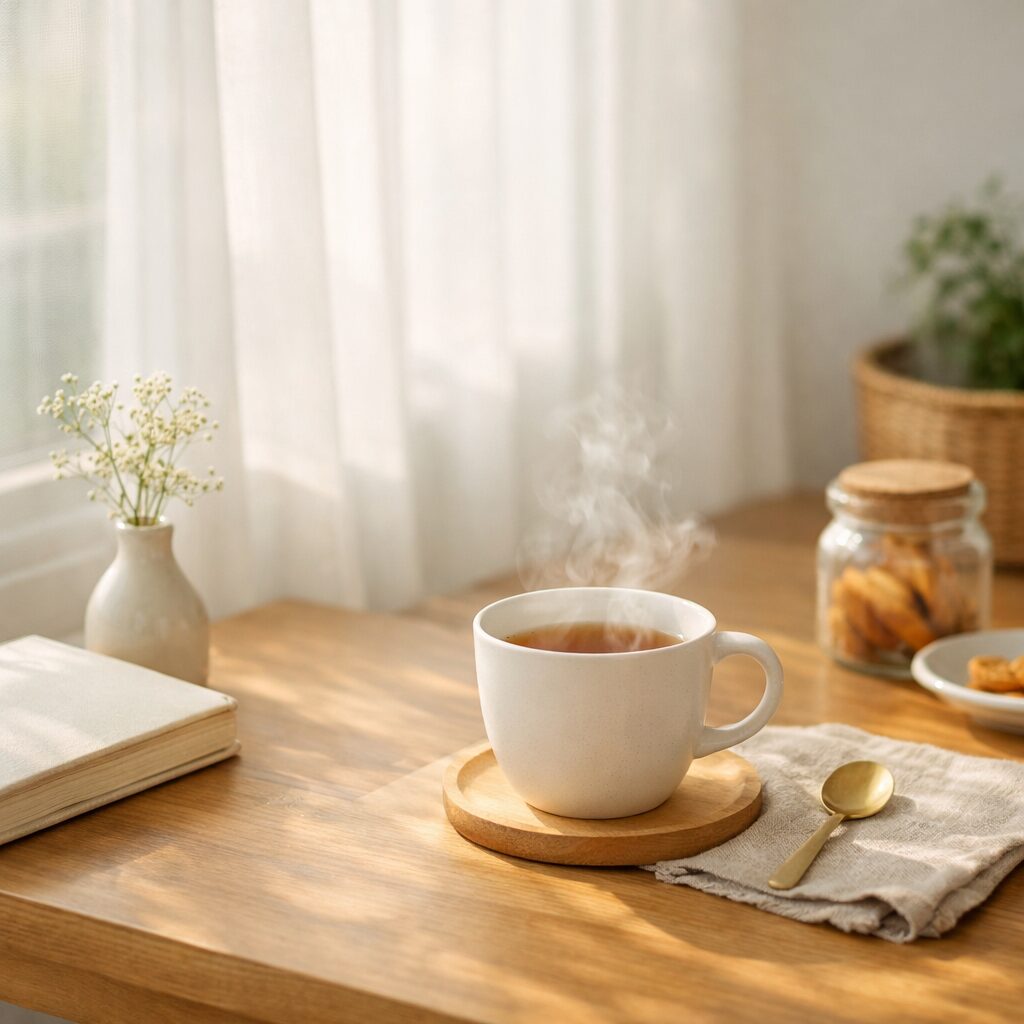 朝の光が差し込む木のテーブルに、湯気の立つお茶と小さな花瓶が置かれた静かな風景