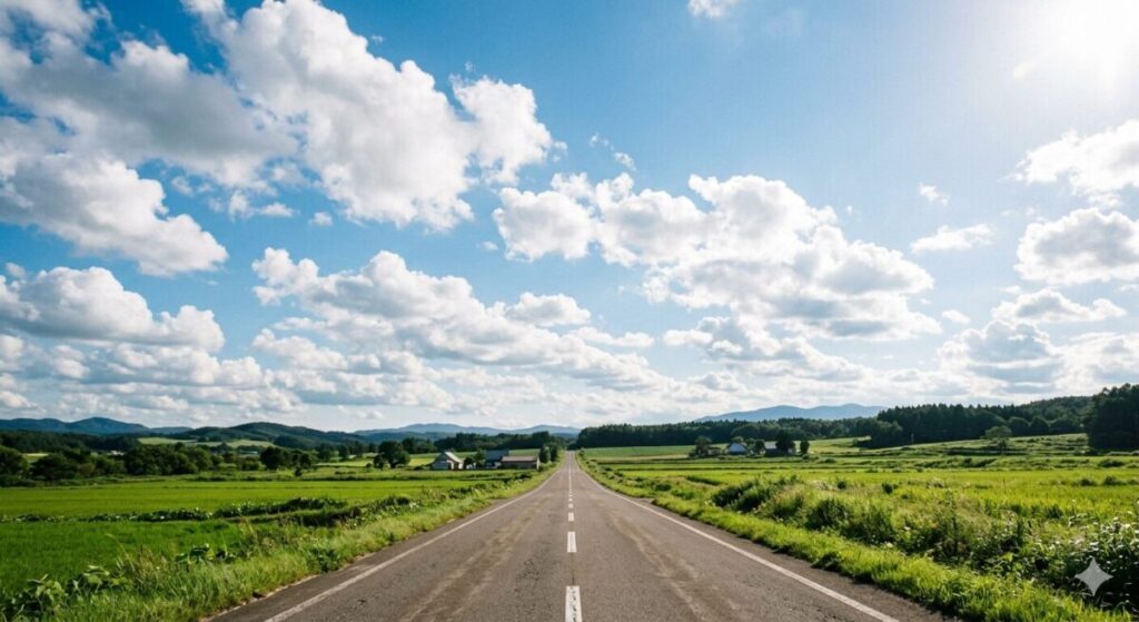青空に向かってまっすぐに伸びる一本の道と周囲に広がる緑豊かな景色