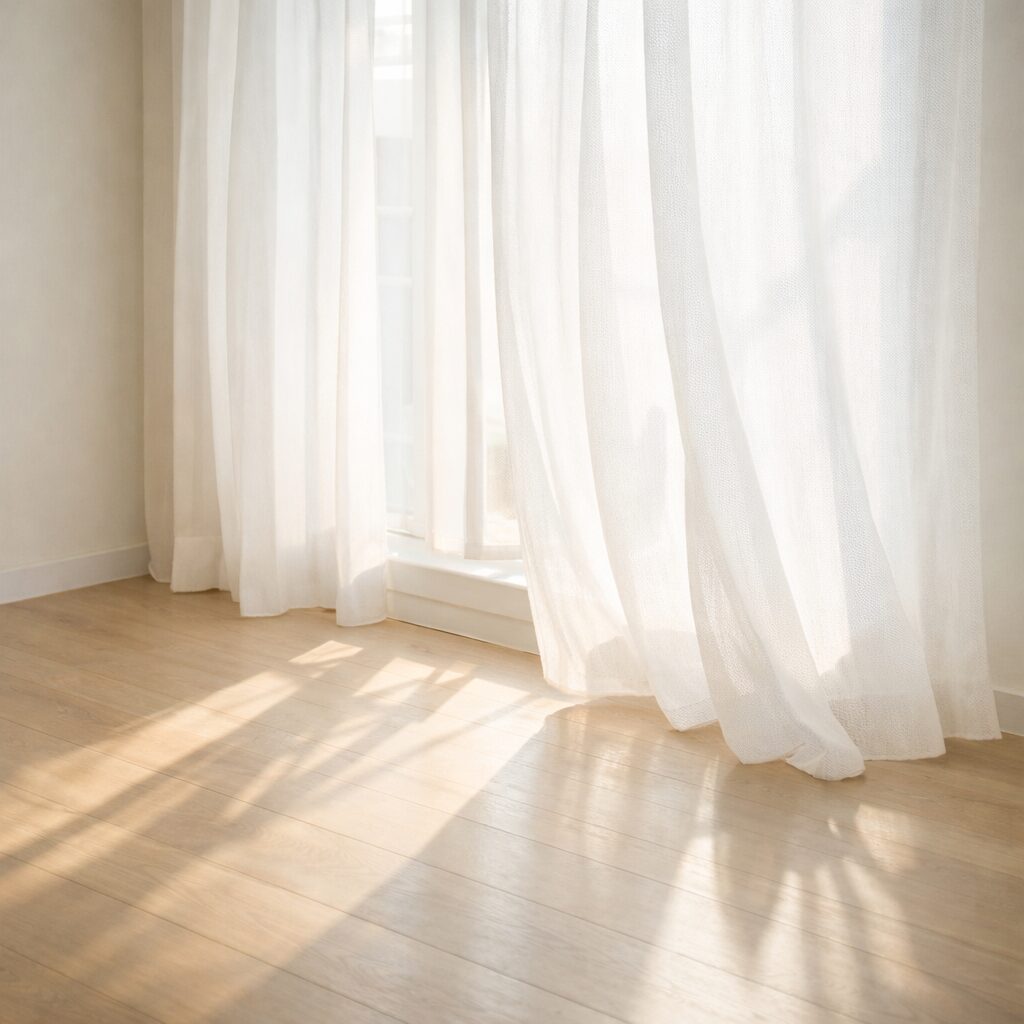 朝の柔らかい光が差し込む窓辺と、白い薄手のカーテンがつくる静かな影