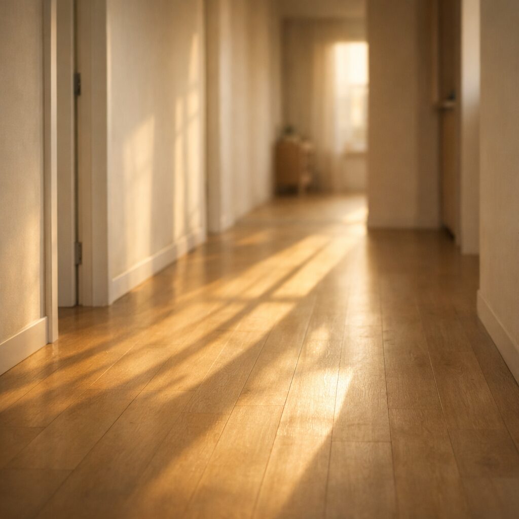 夕方の柔らかな光が伸びる廊下に落ちる静かな影。時間の流れを感じる風景